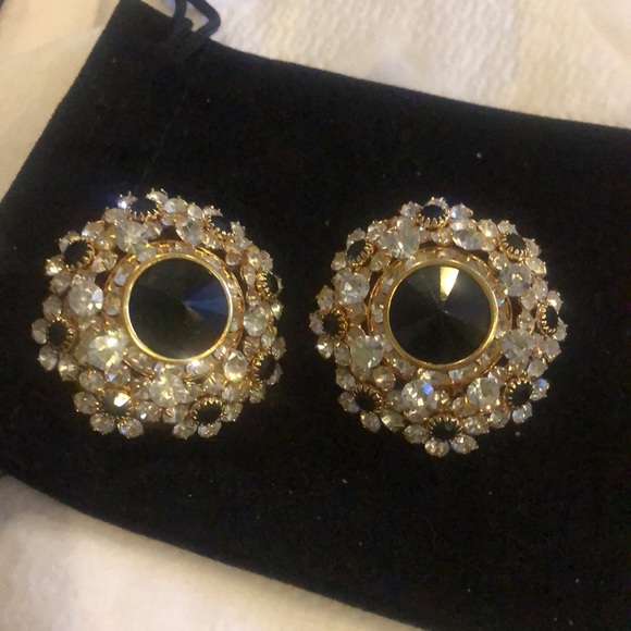Stunning Jet Black & Crystal Dramatic Button Earrings-Clip On-Boutique - Picture 2 of 8